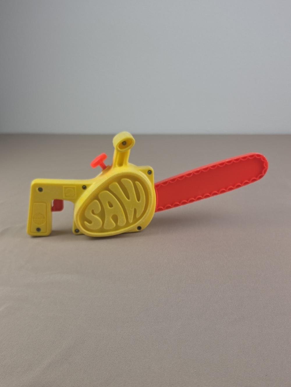 Vtg Mattel Chain Saw Pull String Tuff Stuff Toy 70's Working Sound Yellow Orange